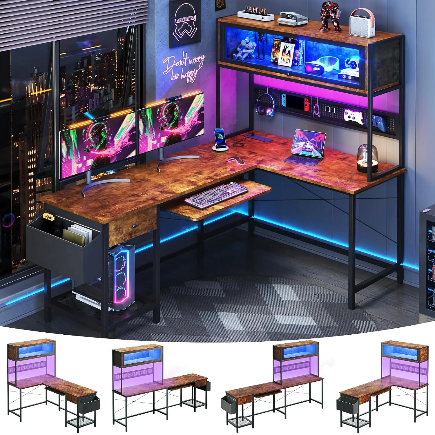 L Shaped Gaming Desk with Power Outlets & LED Lights 49'' Reversible Desk with Hutch Pegboard Cabinet Corner Desk Customized