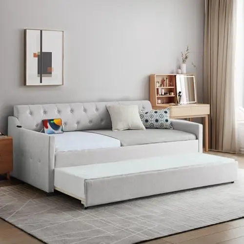 Daybed with Pop Up Trundle, Modern Button Tufted Linen Upholstered Sofa Bed Frame, Twin to King Size Day Bed w/USB &