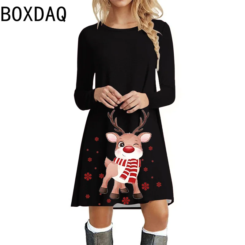 Christmas Cartoon Elk Theme Print Dress Woman Long Sleeve O-Neck Casual A-Line Dress Female Christmas Party Festival Clothes