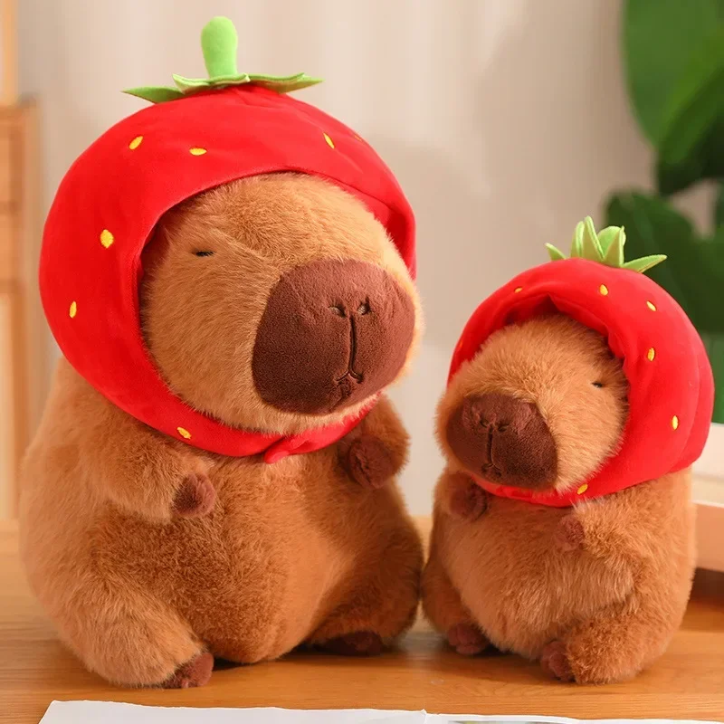 Capybara Plush Toy With Strawberries Hat Cute Capibara Dolls Toys Cartoon Animals Stuffed Plush Pillow Birthday Christmas Gift