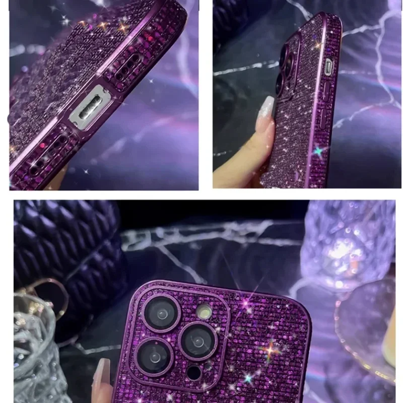 Diamond Full Lens Protection Glitter Rhinestone Case For iPhone 11 13  12 14 15 Pro Max Plus Shiny Shockproof Bumper Back Cover