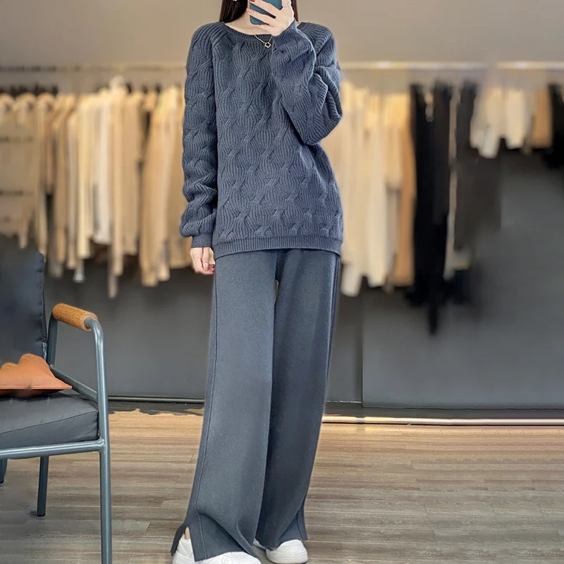 Autumn and winter new 100% pure wool sweater female O-neck casual temperament wide-leg pants two-piece loose cashmere sweater