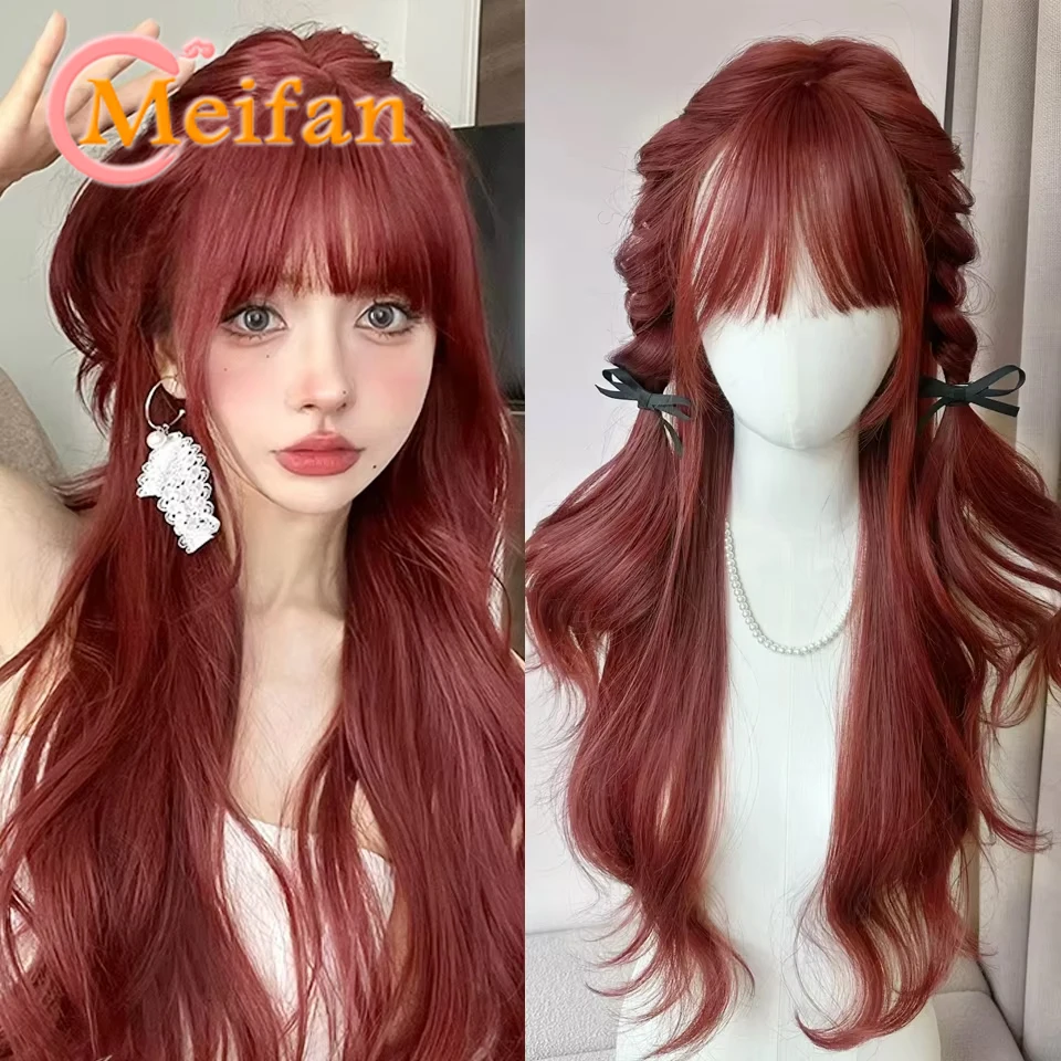 

Long Wavy Curly Red Wigs with Bangs Heat Resistant Synthetic Natural Wig for Women Halloween Cosplay Lolita Wig Daily Wear