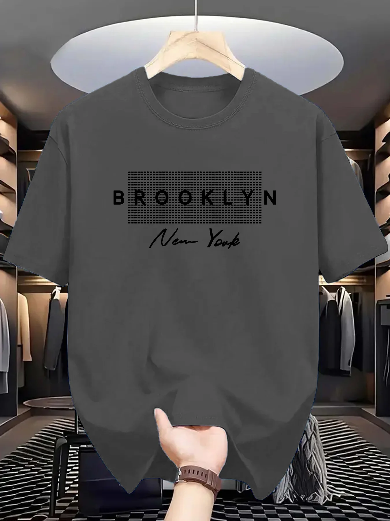 1238-Point Box New York Printed Men'S T-Shirt Is Comfortable And Elastic, Suitable for Outdoor Activities in Summer. Street Style Elastic Round Neck T-Shirt As a Gift in Summer. T-Shirt for Men'S Outdoor Clothing in Summer Is Black Wine Red