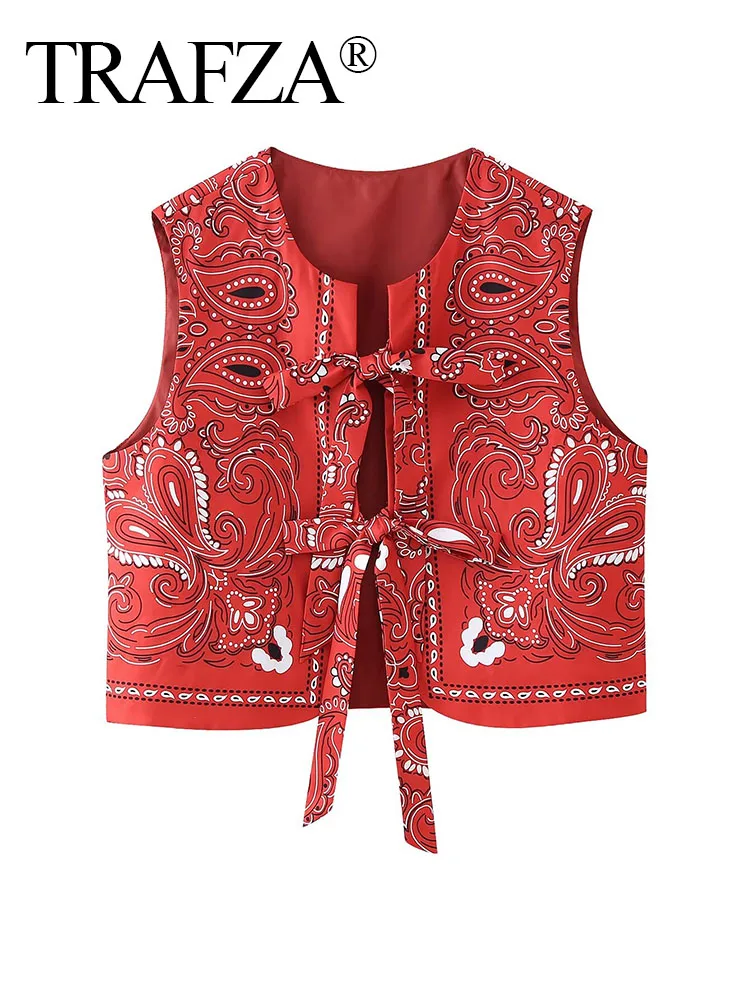 

TRAFZA Women Summer Elegant Sexy Knotted Tank Tops Woman Fashion Casual Single-breasted Red printed Decoration Sleeveless Tops