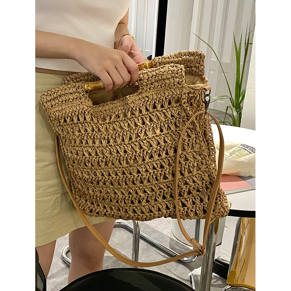 Bamboo Handle Straw Handbag Handmade Woven Beach Bags for Women Paper Rope Knitting Rattan Bag Square Shoulder Crossbody Bag New