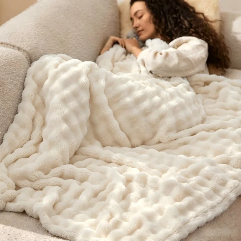 Luxury Bubble Faux Fur Throw Blanket Super Soft As Cloud Plush Warm Blanket for Couch Bedroom Home Decoration