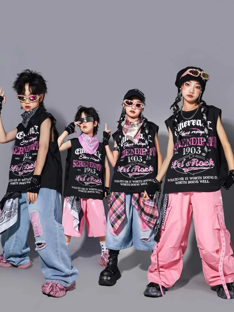 Kids Street Clothing Baggy Black Vest Pants Hip Hop Dance Costume Boys Girls Drum Breaking Practice Performance Suit BL16121