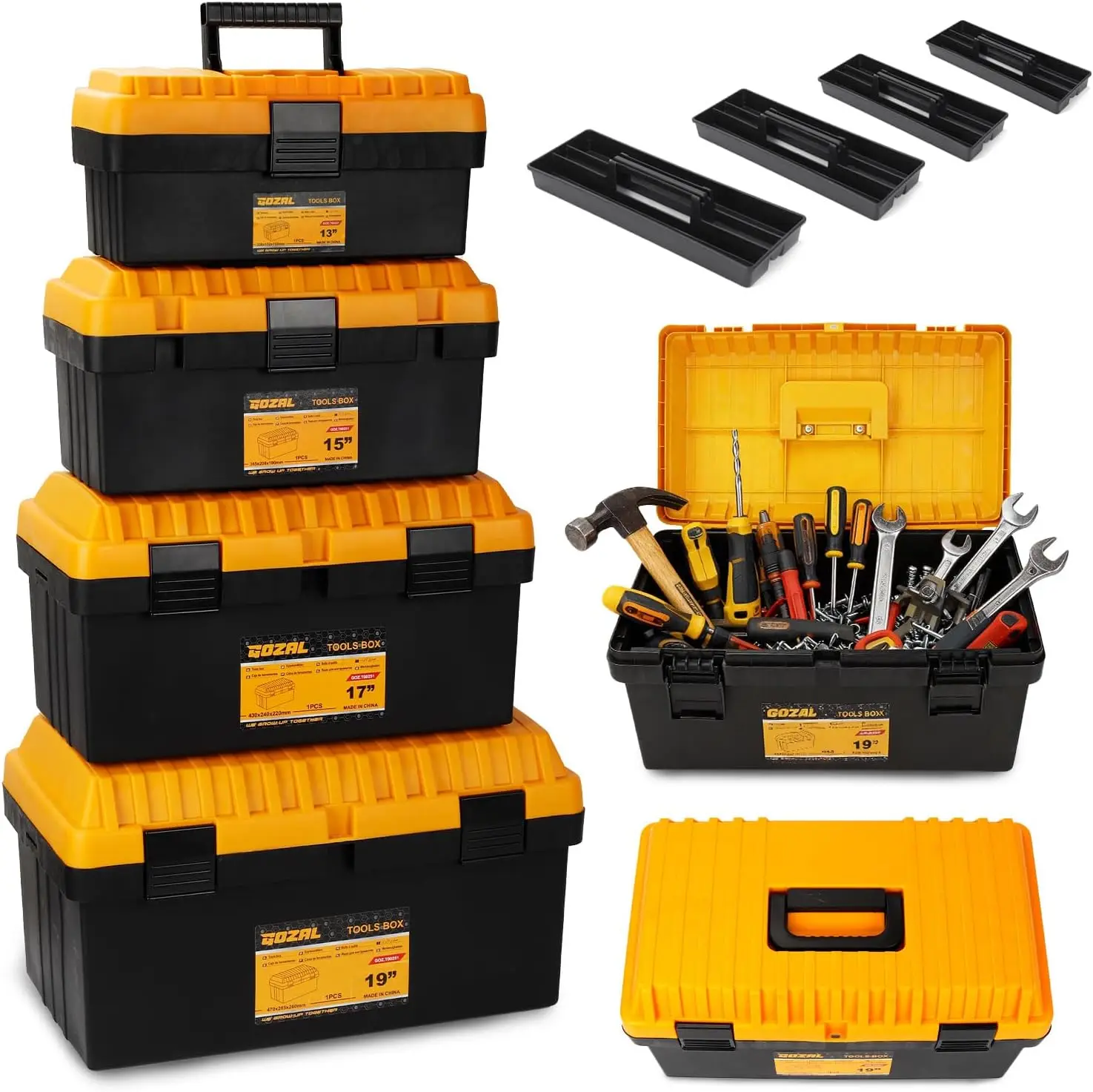 

Sturdy Plastic Tool Box Set with Removable Tray, Dual Lockable Handles for Tools Storage in Garage or Workshop