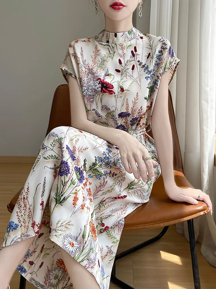 

Элегантное шелковое платье ручной работы с цветочным принтом, легкое, с коротким рукавом или без рукавов, в китайском стиле, для повседневной носки, весна-лето-осень-зима