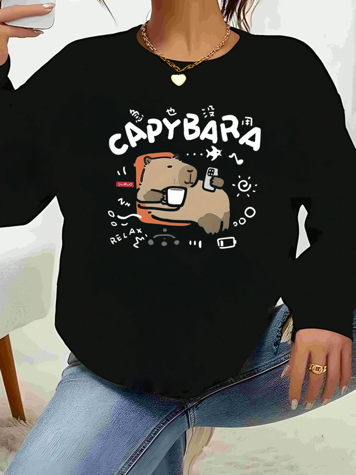 تي شيرت كاجوال بأكمام طويلة ومطبوع من كابيبارا للنساء #1