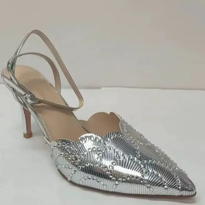Crystal  Women Stiletto Heel Slingback Pumps Pointed Toe Scalloped Ankle Buckle High Summer Party Metallic Elegant Fashion Shoes