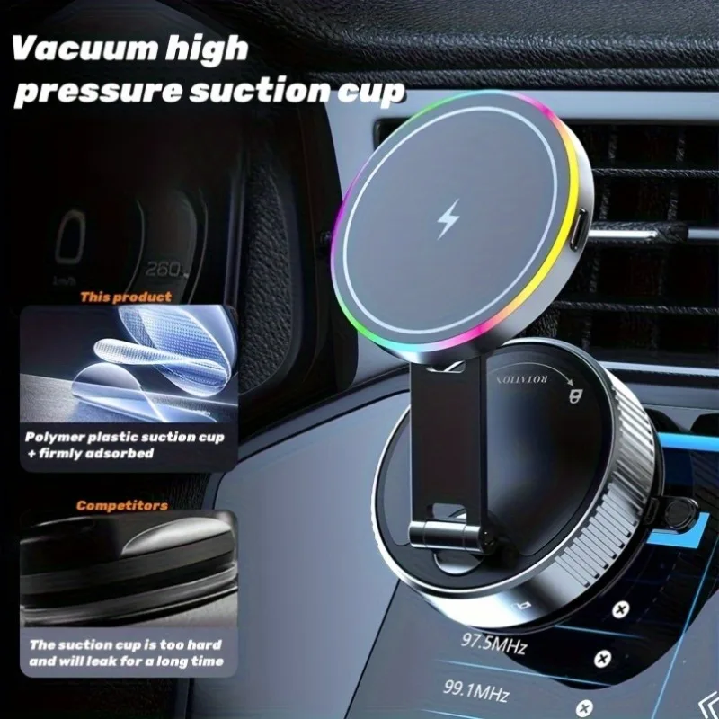 

Автомобильный магнитный держатель для мобильного телефона, беспроводная зарядка, 15 Вт, быстрая зарядка, беспроводное зарядное устройство, вакуумная присоска с радужной светодиодной подсветкой