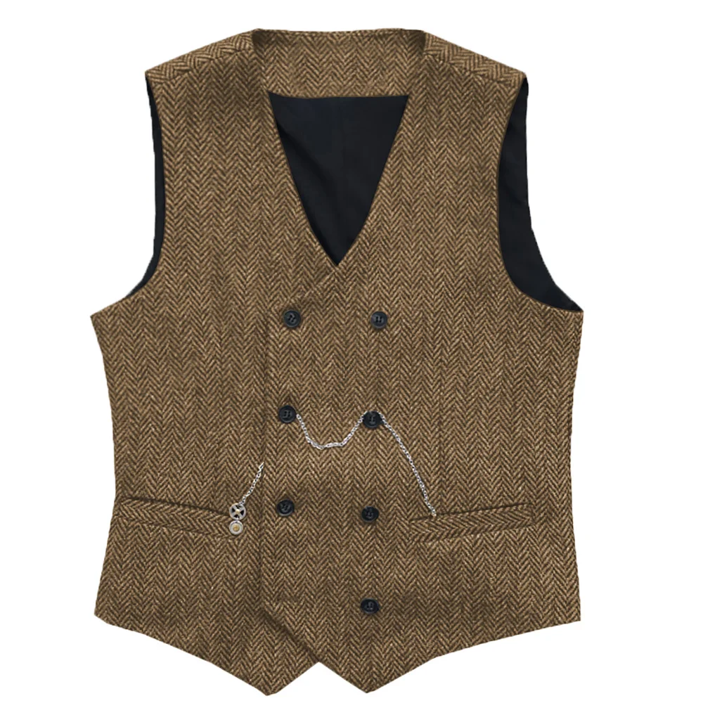 Men Vests Suit Tweed Wool Double-Breasted Waistcoat Brown Black For Groomsman Wedding