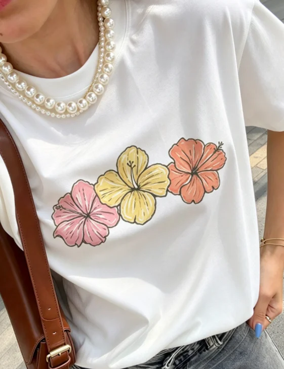 2026 New Fashion Women Crew Neck Elastic Short Sleeve T-Shirt Y2K Summer New Colorful Hibiscus Flower Slogan Print Gentle Retro Girl Stylish Casual Tops Basic Top T-Shirt