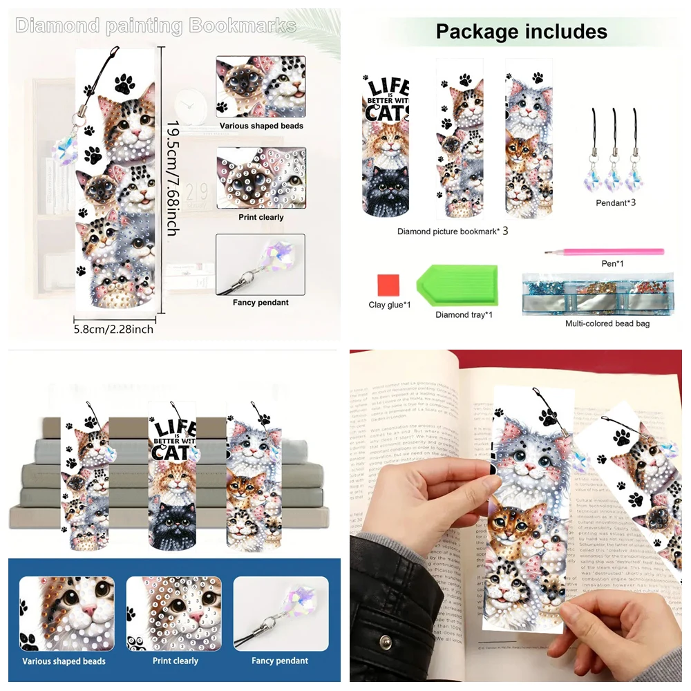 3 marcapáginas de arte con diamantes de gatos DIY para adultos, marcapáginas de diamantes de imitación de cristal acrílico para notas de libros, regalos para festivales y vacaciones