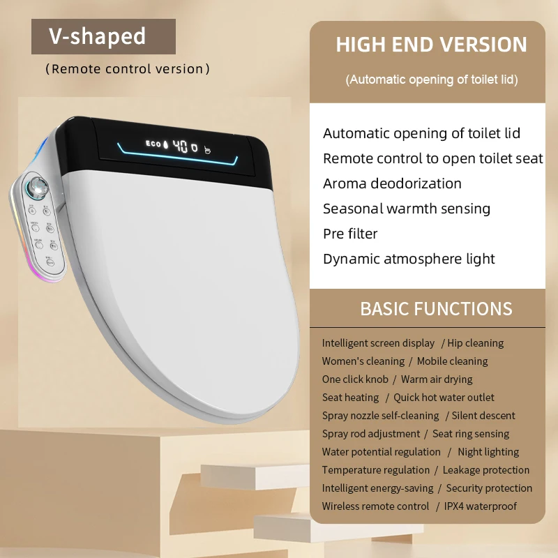 

2025 Лидер продаж, домашнее U-образное V-образное умное сиденье для унитаза с подогревом сиденья, медленное закрытие, теплая сушилка, задняя передняя стирка, теплая вода