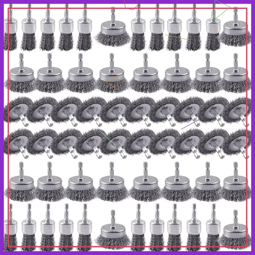 Paquete de 60 cepillos de rueda de alambre de acero al carbono: cepillos de taza, rueda y bolígrafo con vástago hexagonal de 1/4 de pulgada para eliminación de óxido