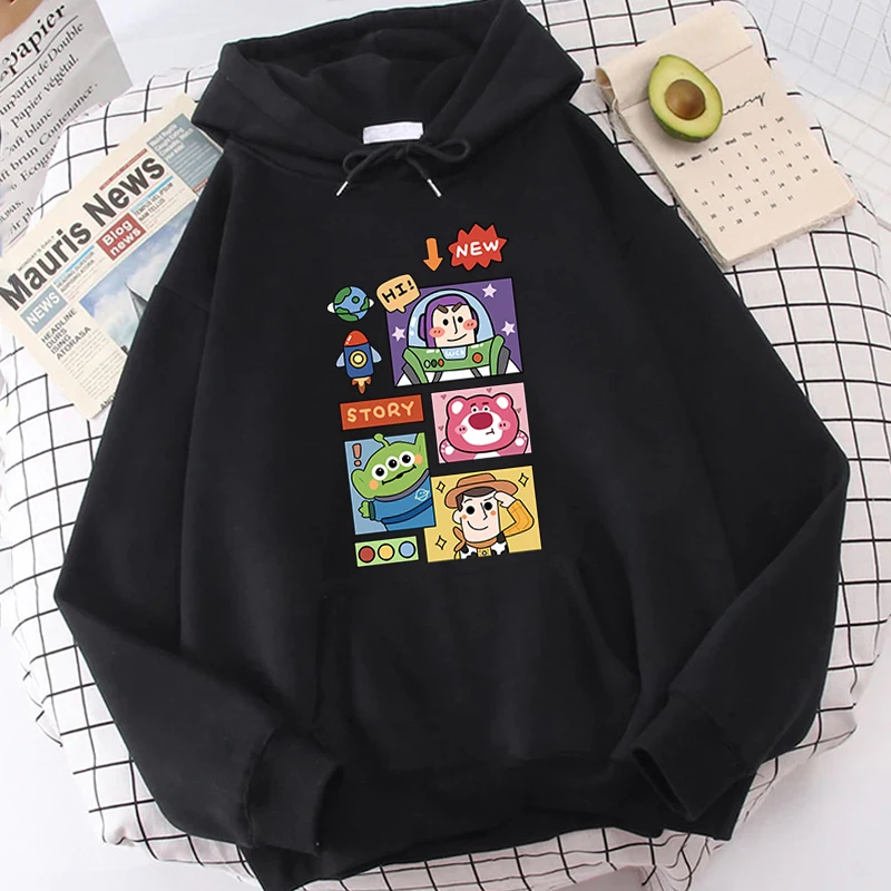 Toy Story Printed Women's Autumn and Winter Hooded Plush Sweater black Loose Top