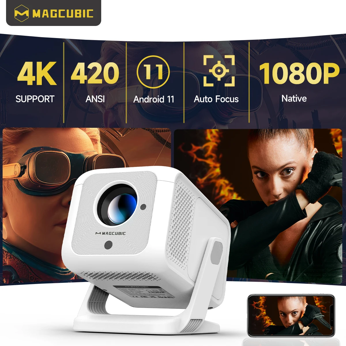 Magcubic Auto Focus HY310-X 420ANSI جهاز عرض محمول 4K WiFi 6 Android 11 جهاز عرض يدعم Full HD 1080P سينما منزلية خارجية