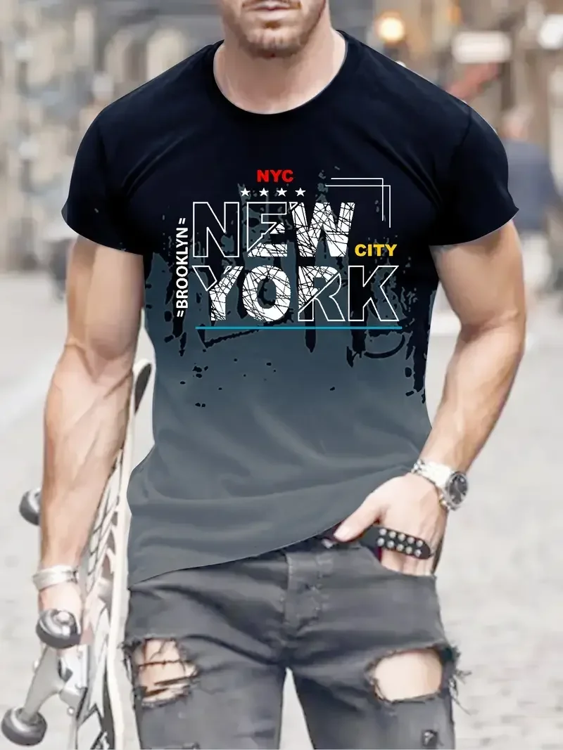 

New York Letter Printed Shirt Summer Men's Casual Short-sleeved Shirt, Round Neck Outdoor Large Size Street Trend Head T-shirt