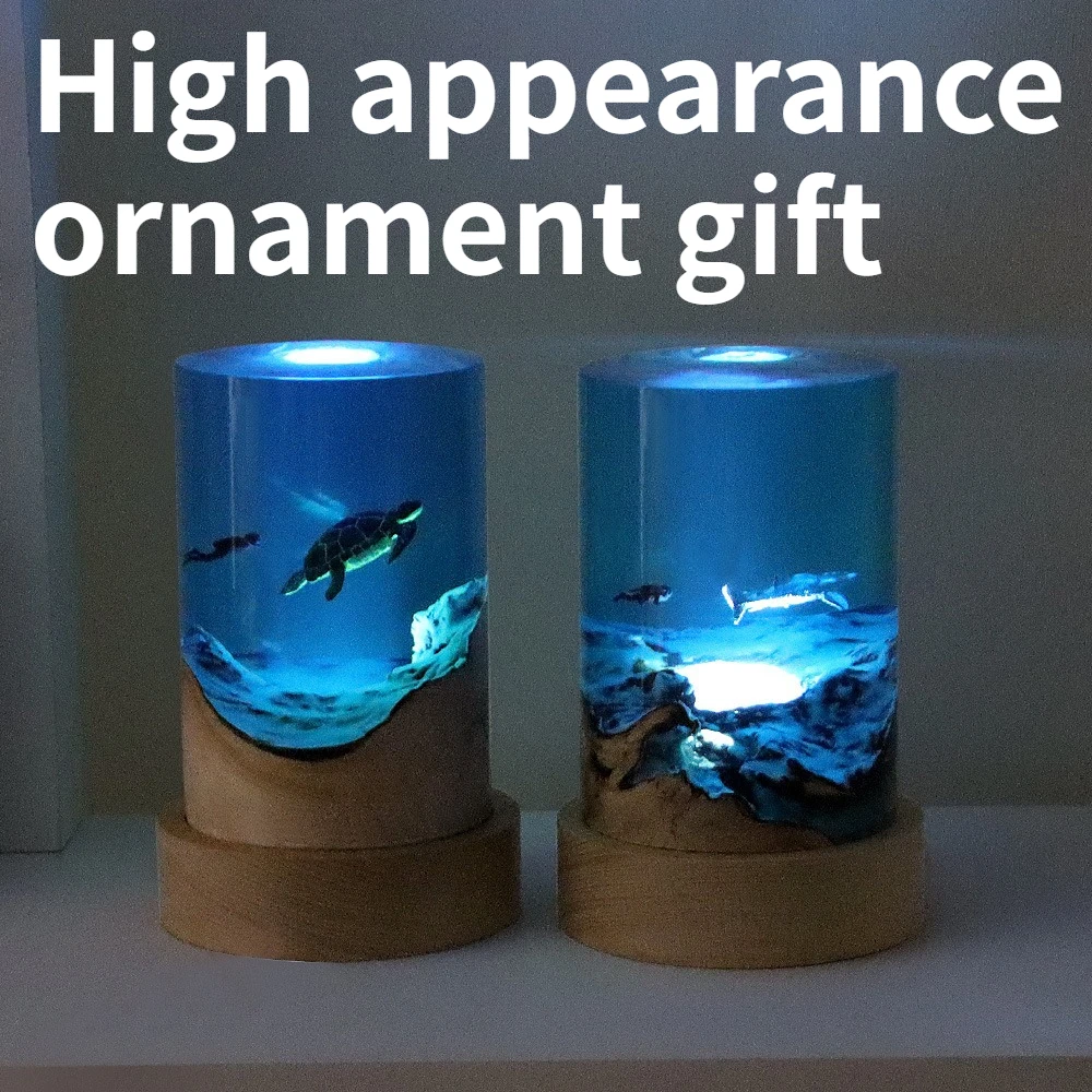 

Creative Desktop Handmade Micro Landscape Ornament Ocean Turtle Whale Shark Diver Cylindrical Solid Wood Resin Night Light