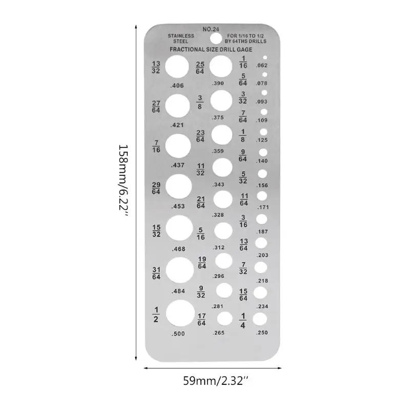 Drill Gauge Stainless Steel Drill Bit Size Checker Plate Measuring Tool Used for 1/16Inch to 1/2Inch Size Bits 29 Holes