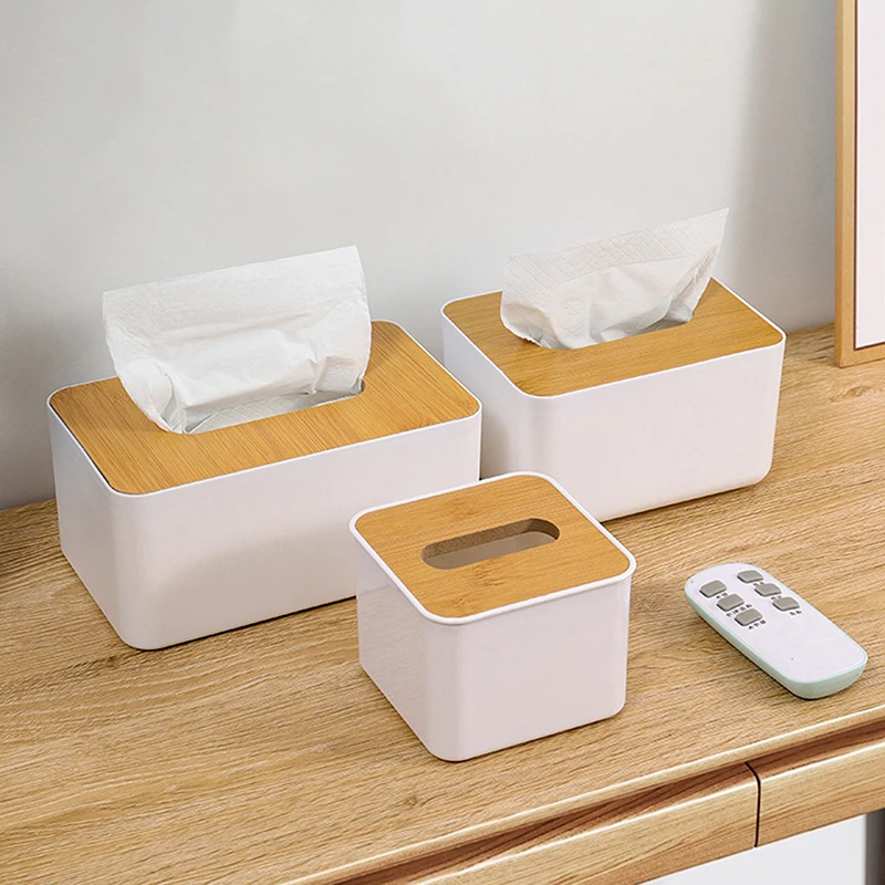 Plastic Tissue Box Wooden Lid Square Napkin Holder Container Wet Tissue Paper Dispenser Case Modern Home Car Organizer