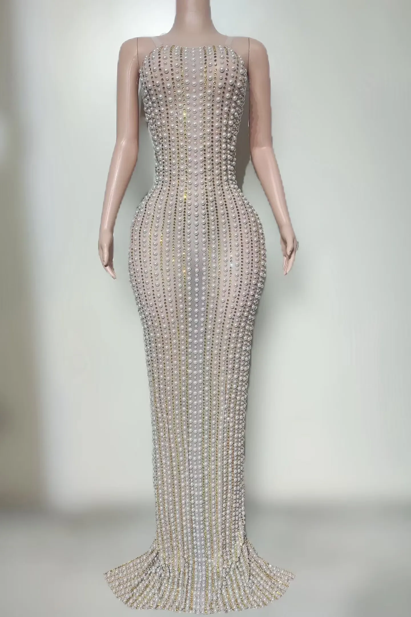 Sexy Sparkly Rhinestones Pearls Long Dress Women Sexy See Through Celebrate Evening Prom Birthday Dress Photoshoot Stage Wear