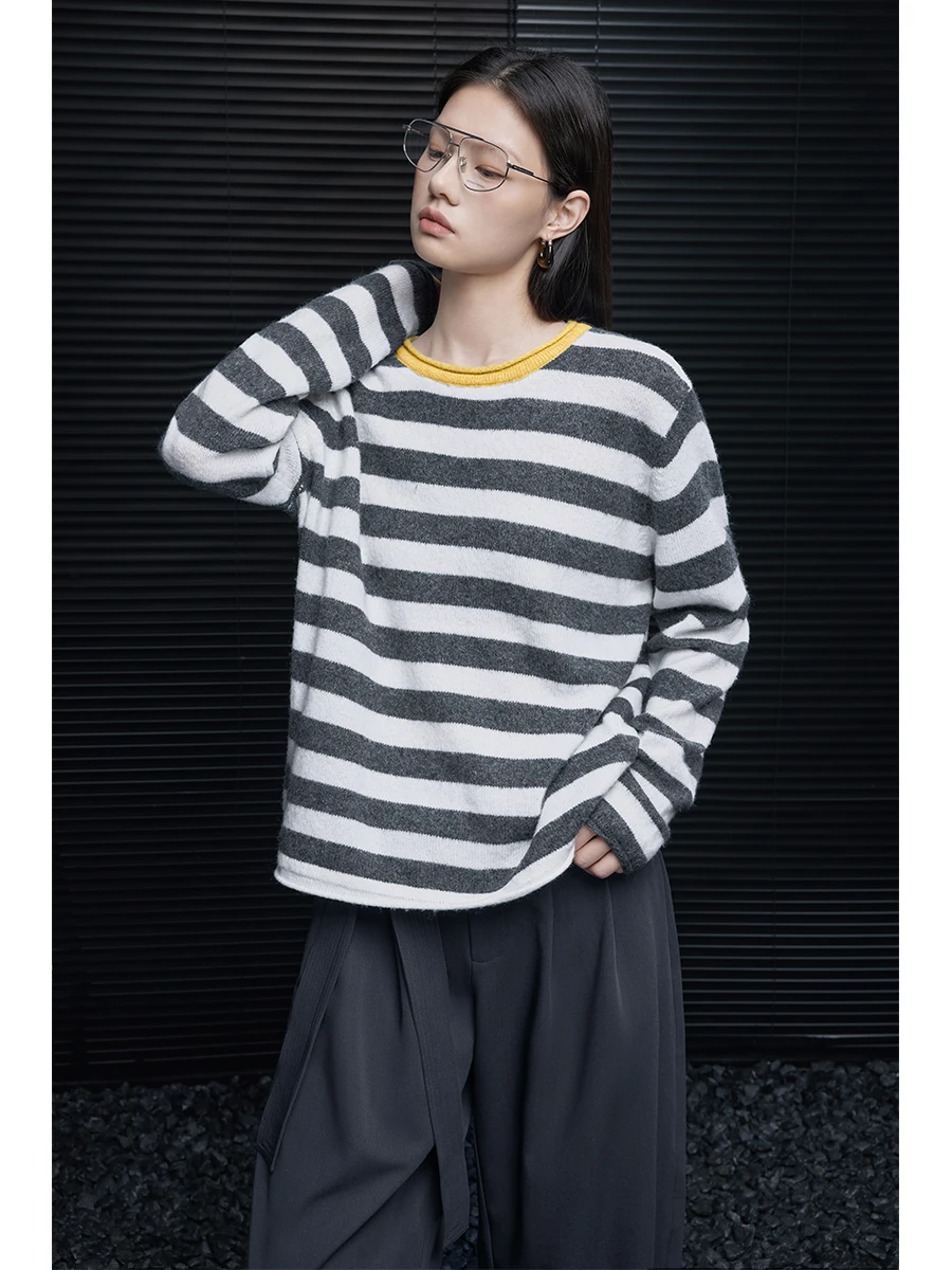 

Color Blo Striped Loose Lazy Sle Women's Knitted Sweater Autumn New Arrival High End Feelings Street Sle Long Sve ro...
