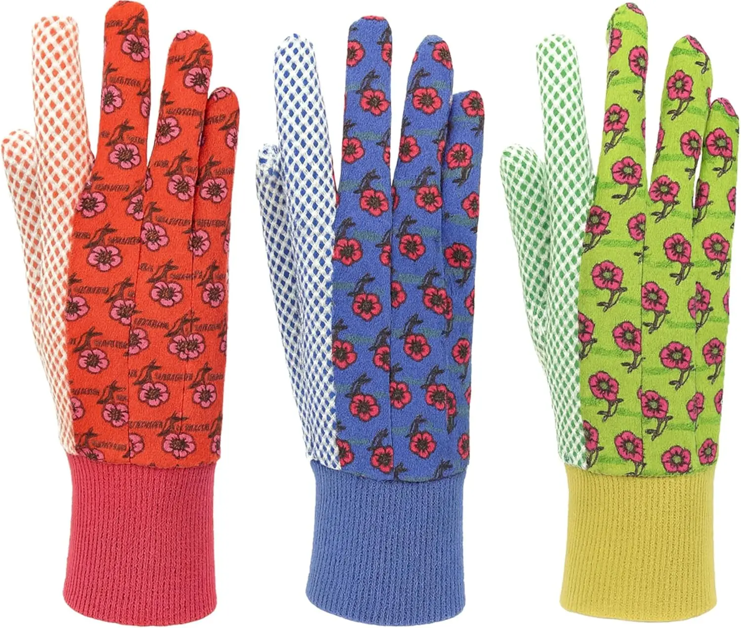 

Women's Gardening Gloves, Soft Cotton Jersey, Floral Print, PVC Dot Grip, Comfortable & Durable, Green/Red/Blue