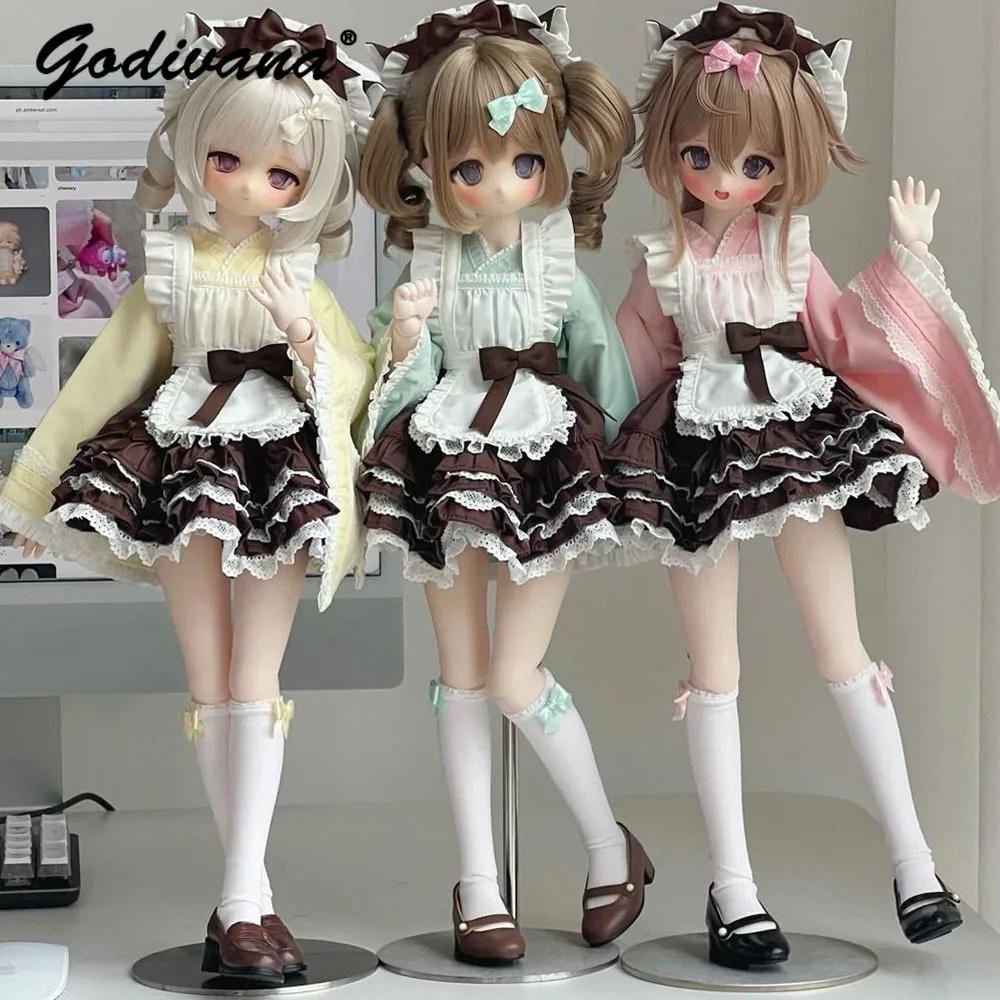 Original 1/3 1/4 1/6 BJD Doll Clothes Japanese Style Kawaii Maid Cute Sweet Dress Kimono Sleeve Lace Ruffle Trim Apron Skirt Set