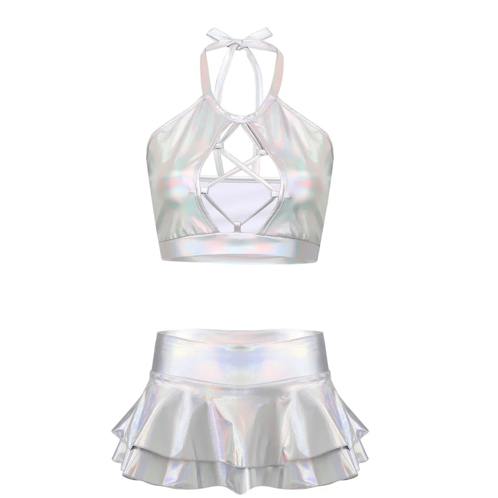 Two Piece Sets Womens Outifits Clothing Set Shiny Metallic Rave Erotic Halter Crop Top Bra Vest With Faux Leather Mini Skirt XXL