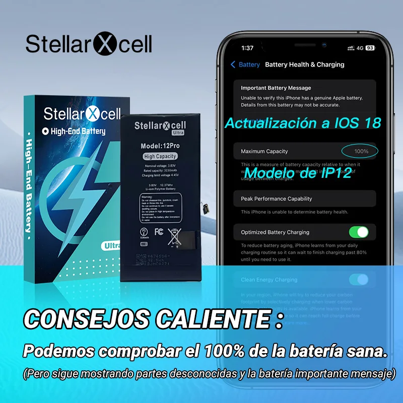 Batería StellarXcell Ultra para iPhone, enviada desde Alemania, para iPhone 7 8 X XR XS XSMAX 11 12 13 14 15 Mini Plus Pro Promax Batería de alta capacidad Batería de alta calidad Batería de repuesto para iPhone con herramientas gratis, 0 ciclos, muestra 100% salud 3