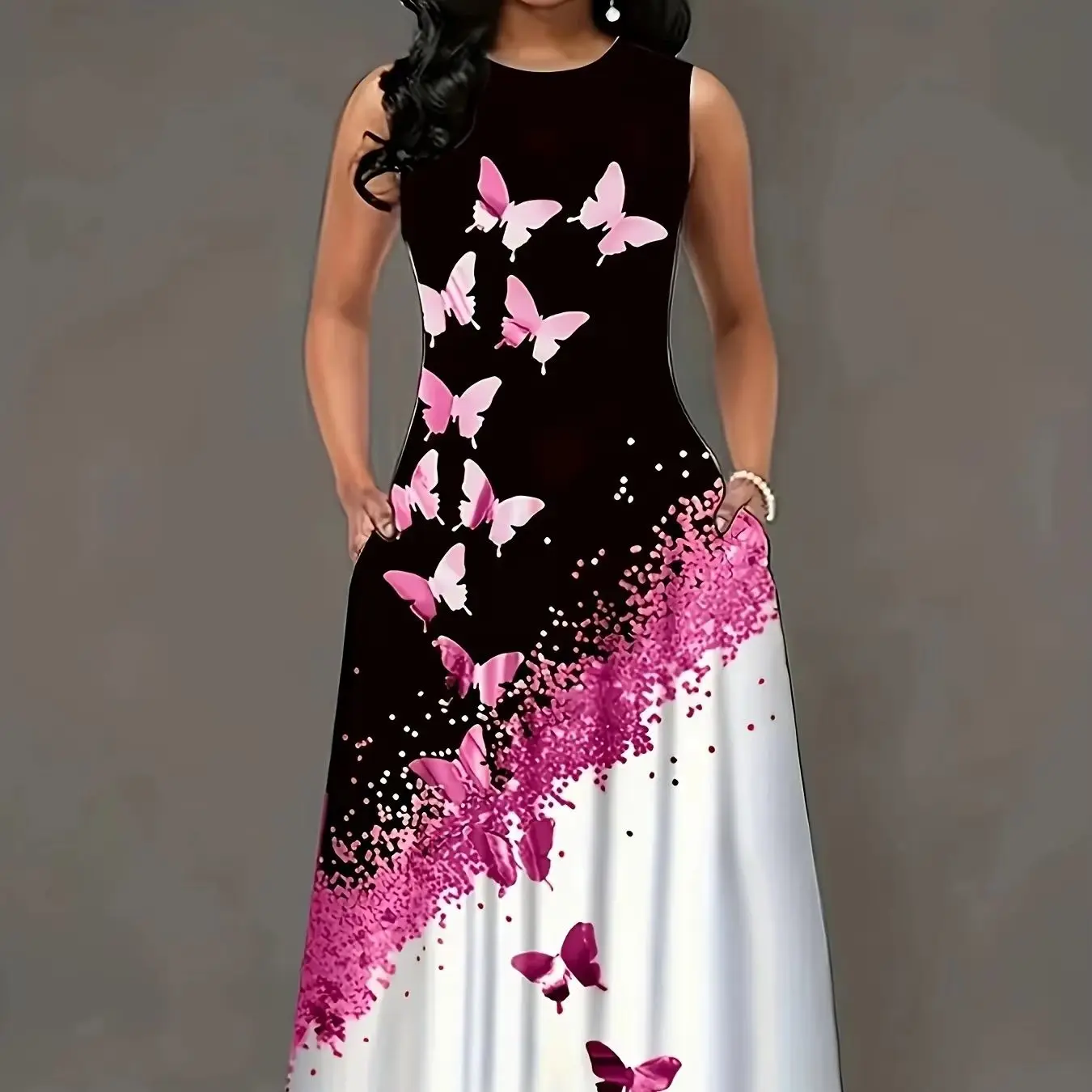 Neues Sommerkleid mit Farbverlauf und Schmetterlingsdruck, ärmellos, locker und figurschmeichelnd mit Taschen, eleganter langer Rock – Detail 2