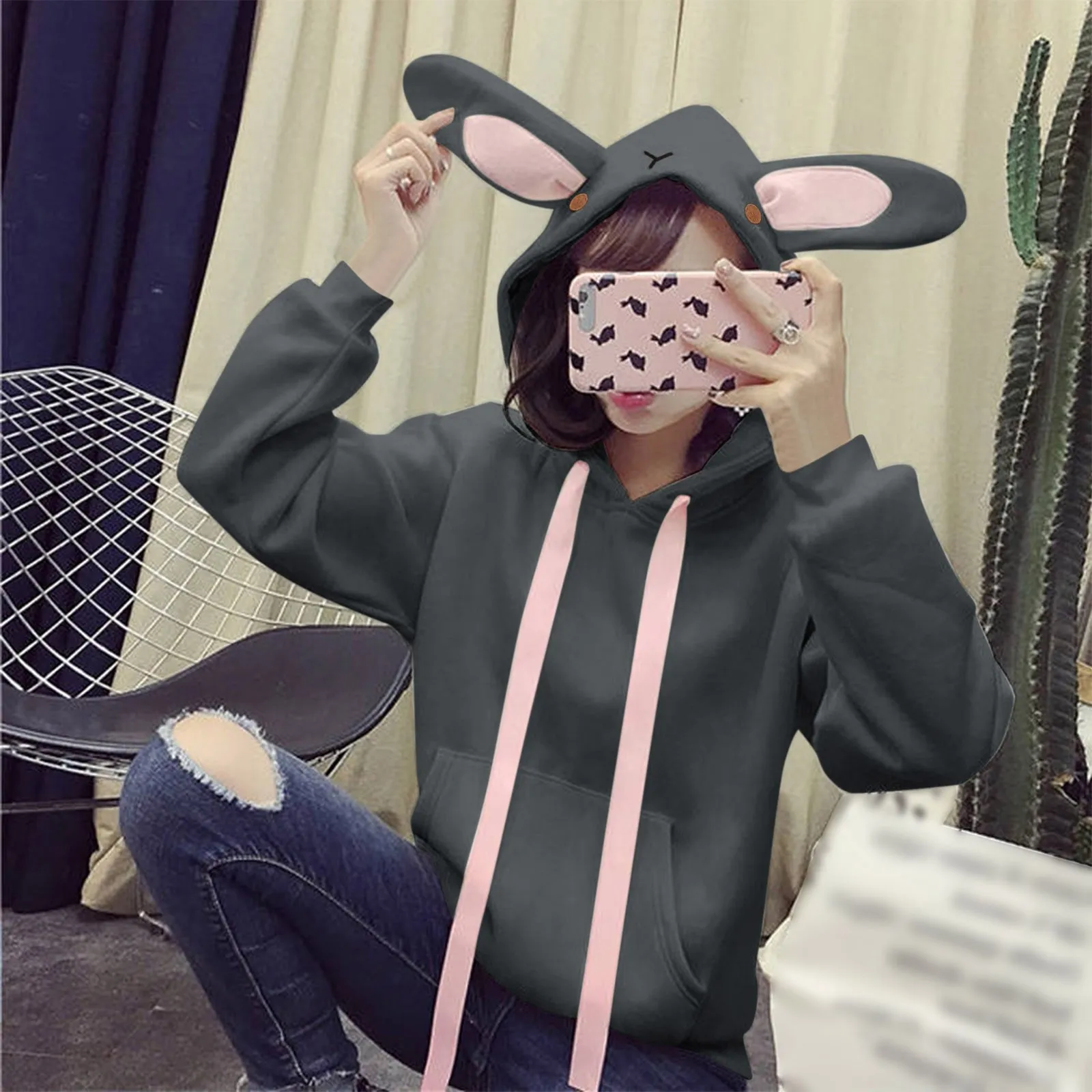 Cute Bunny Ear Blouse Round Neck Pullover Ladies' Winter And Winter Hooded Home Fashion Casual Kawaii Coat Daily With Pockets