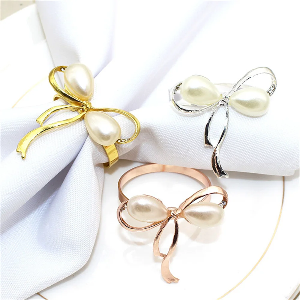 Rose gold napkin rings, 6pcs, com pérolas, para o banquete de casamento, festa em casa, mesa de jantar decoração, erp34