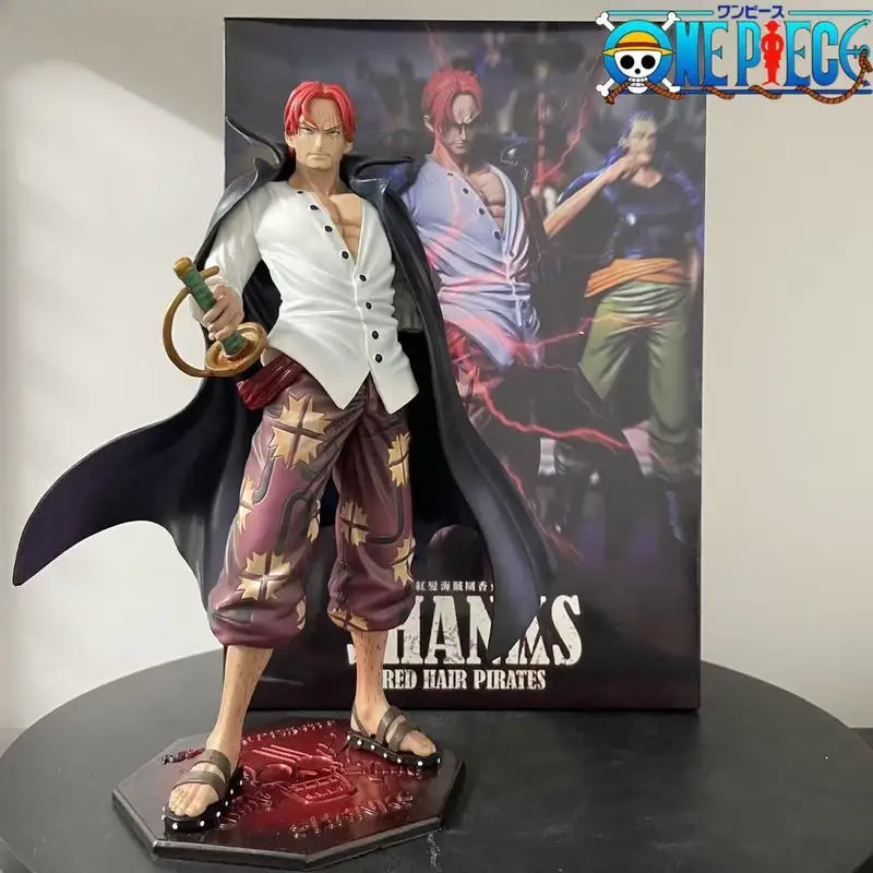 One Piece 24.5CM Pvc Anime Figure Standing Red Hair Yonko Shanks Drawing Sword Scene Boxed Figure Model Anime Ornament Gift Xmas