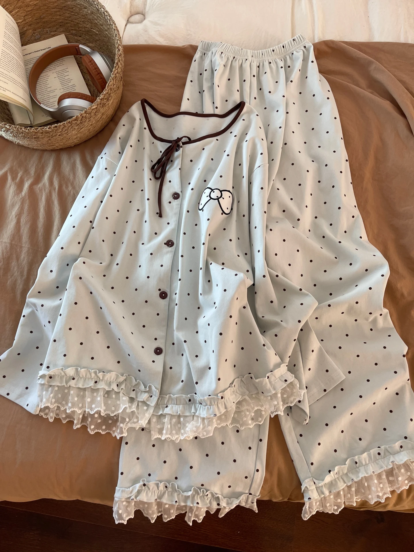 pure-cotton-sleepwear-women's-long-sleeve-oversize-open-cardigan-autumn-spring-home-clothes-blue-dot-set-cotton-home-clothes