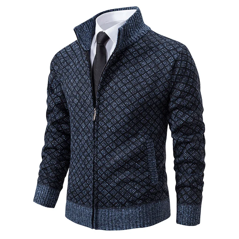 

Men's Slim Fit Plaid Jacket Fashion Stand Collar Long Sleeve Trendy Casual Knitted Outerwear