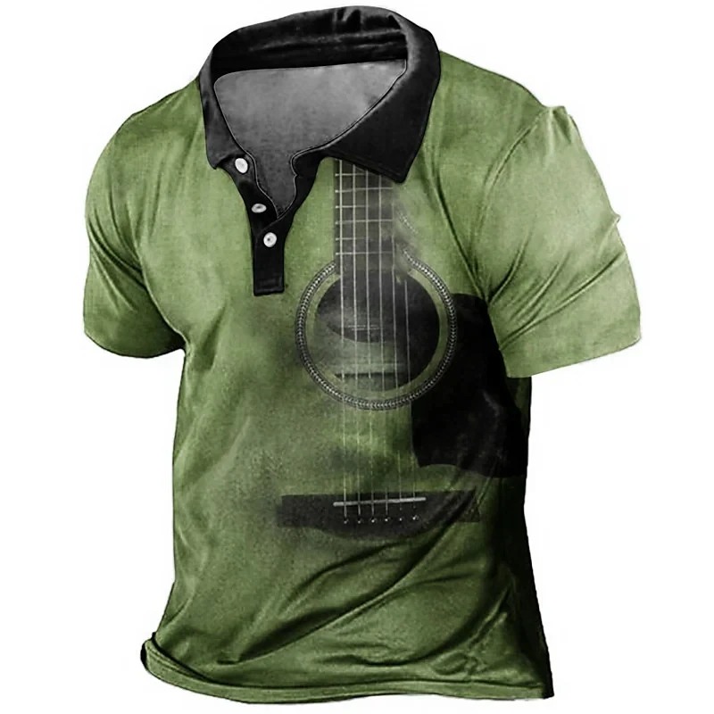 Vintage Guitar Print Summer Men\'s Button Down Collar Polo Shirts Casual Short-sleeved Oversized Tops Fashion Sportwear T-shirt