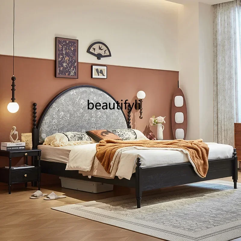 

X New, retro solid wood bed black, double, soft bag high backrest, bed