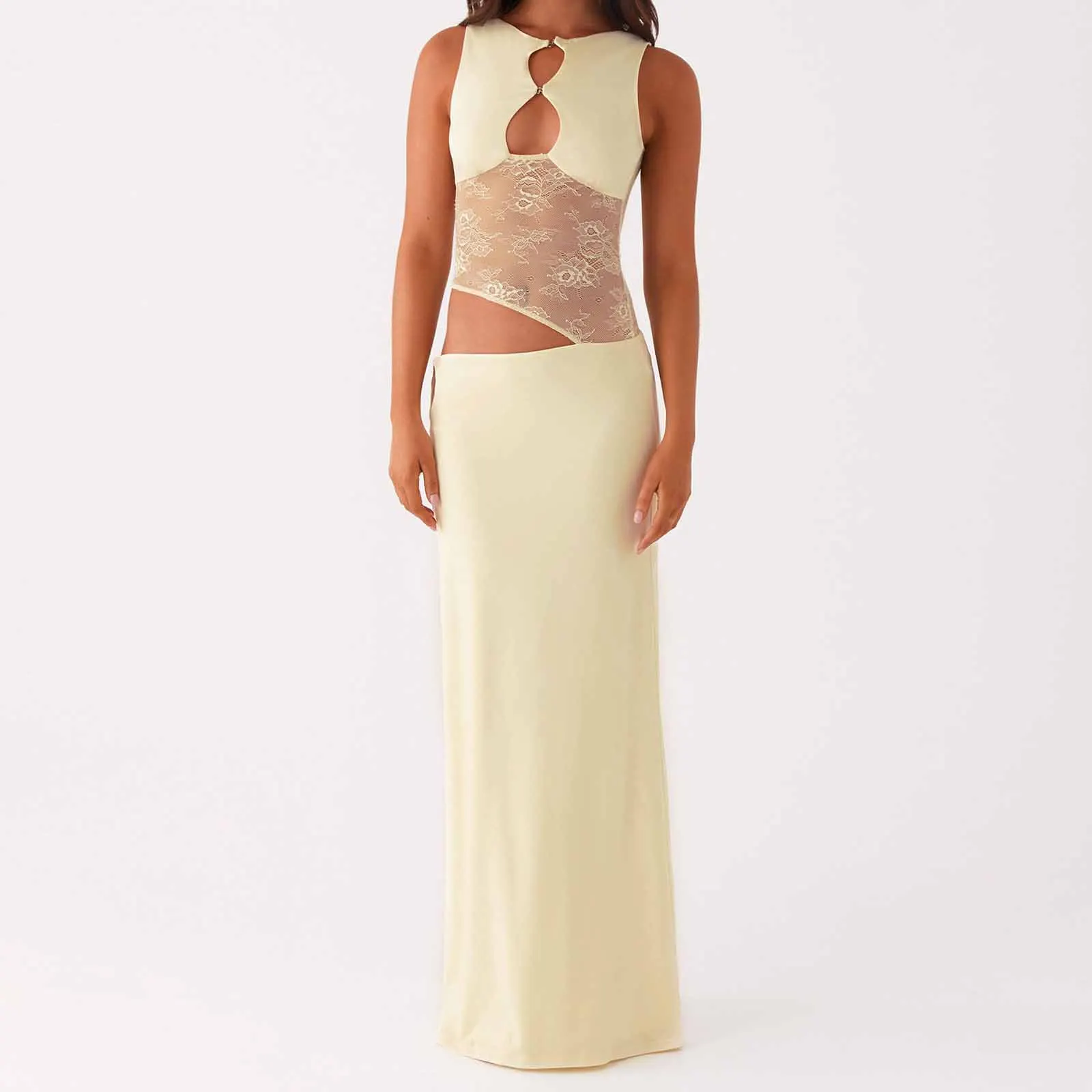 Combhasaki Women Elegant Floral Lace Sheer Patchwork Waist Cutout Hollowed Sleeveless Summer Casual Bodycon Straight Long Dress