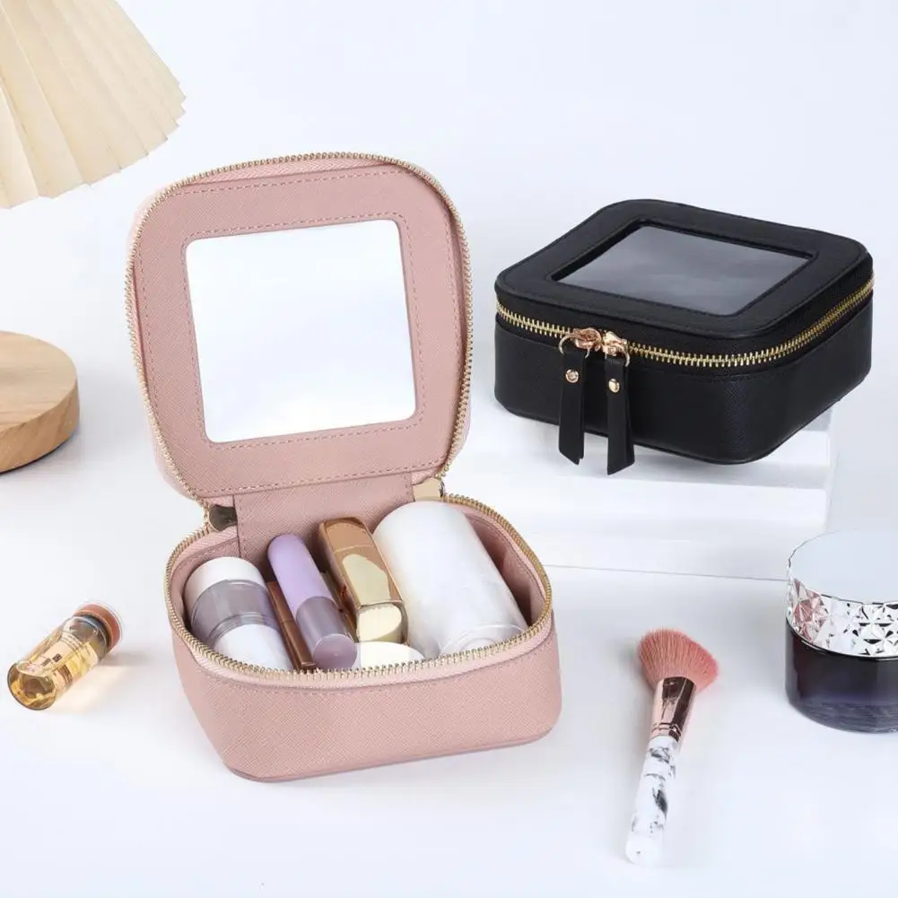 Transparent Window Cosmetic Bag Waterproof Transparent Cosmetic Bag with Dual Zipper Closure Capacity Faux Leather for Outdoor