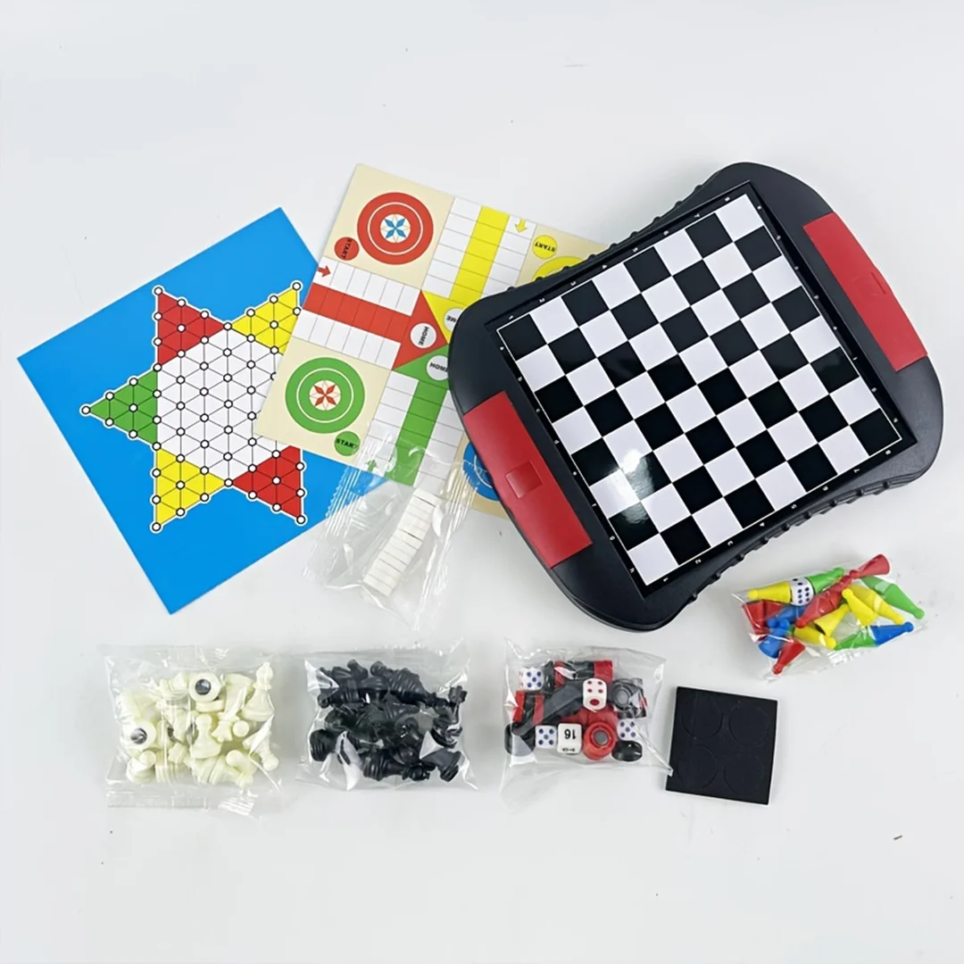 Multifunctional 6-in-1 Family Board Game Collection - Chess, Backgammon, Chinese Checkers, Ludo, Snakes & Ladders, Checkers