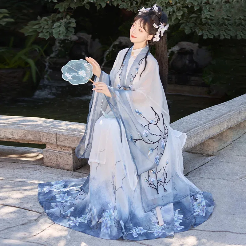 قميص نسائي طويل من سلالة مينغ هانفو مطرز ماغنوليا بياقة واقفة للربيع والصيف والخريف نمط خرافي يومي