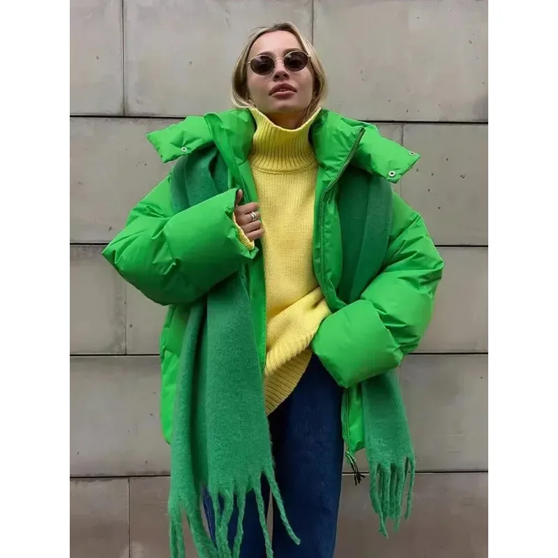 

Autumn Winter New Lady Loose Long Sleeve High Street Outwear Pure Color Female Cotton Jacket Solid Hooded Zipper Cotton Jacket