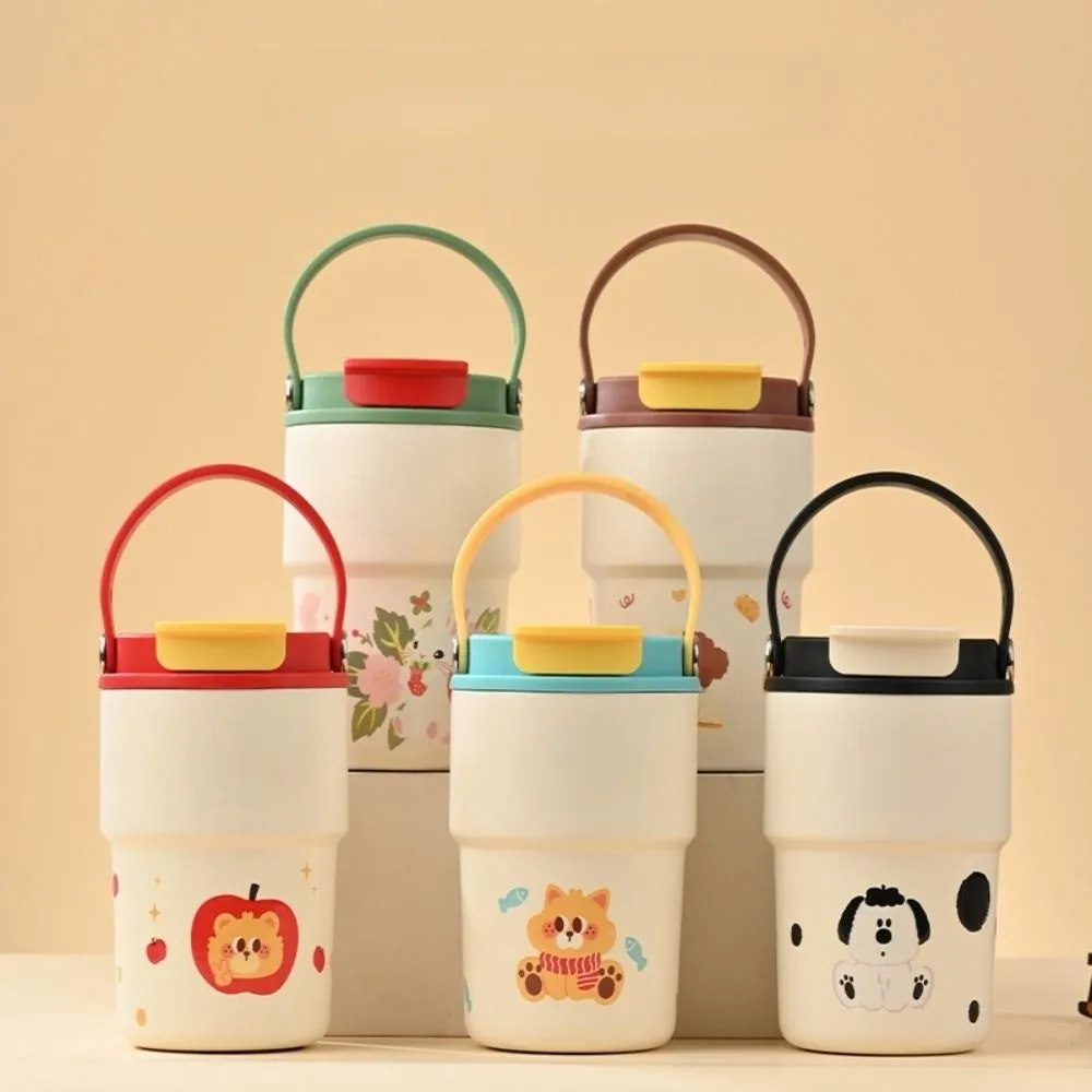 

New Ceramic Liner Insulated Cup 450ML Handle Vacuum Mug Double drinking straw Thermal Mug Gifts
