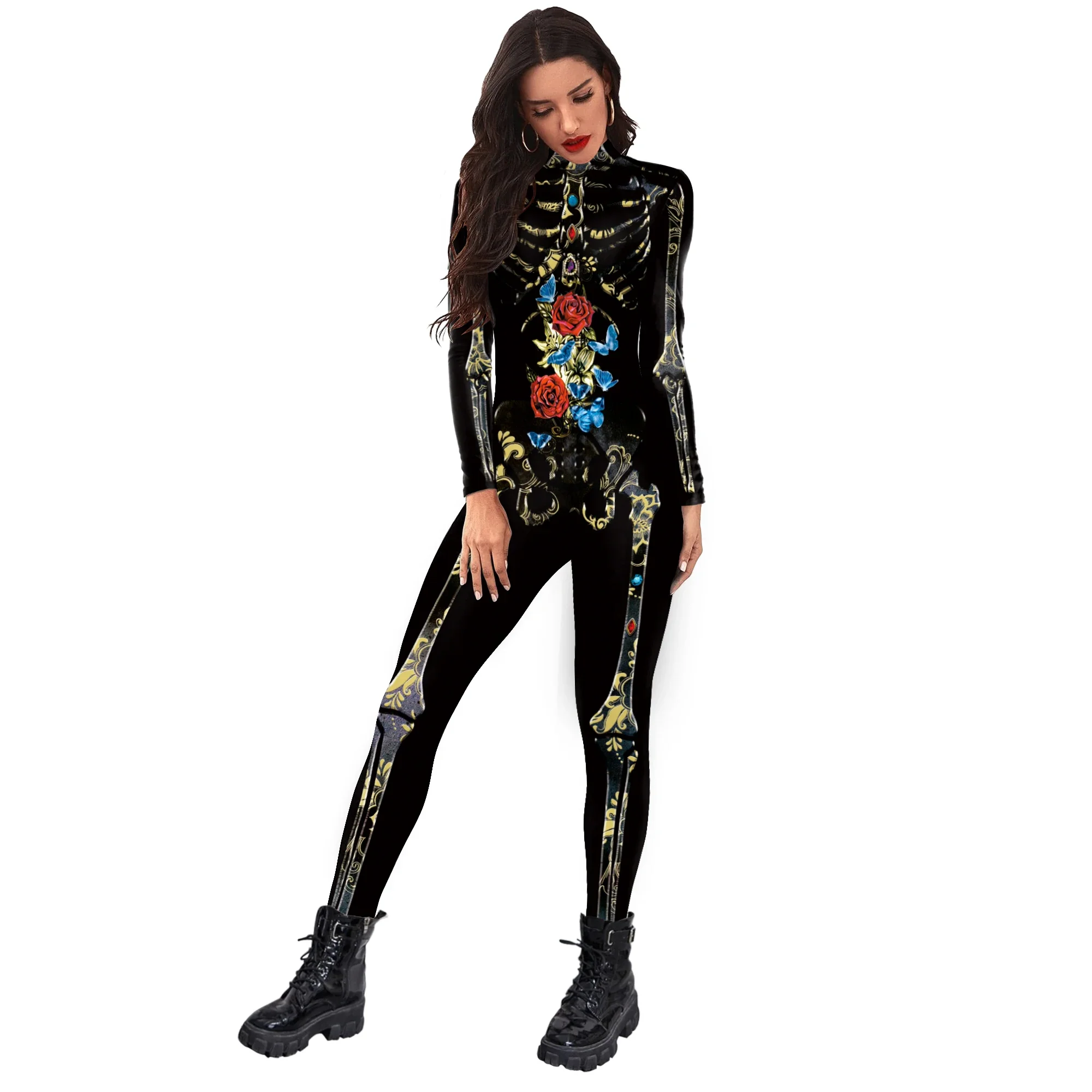 2024 New Halloween Jumpsuit Women Carnival Coloured Skull Print Cosplay Funny Costume Female Holiday Party Long Sleeve Bodysuit