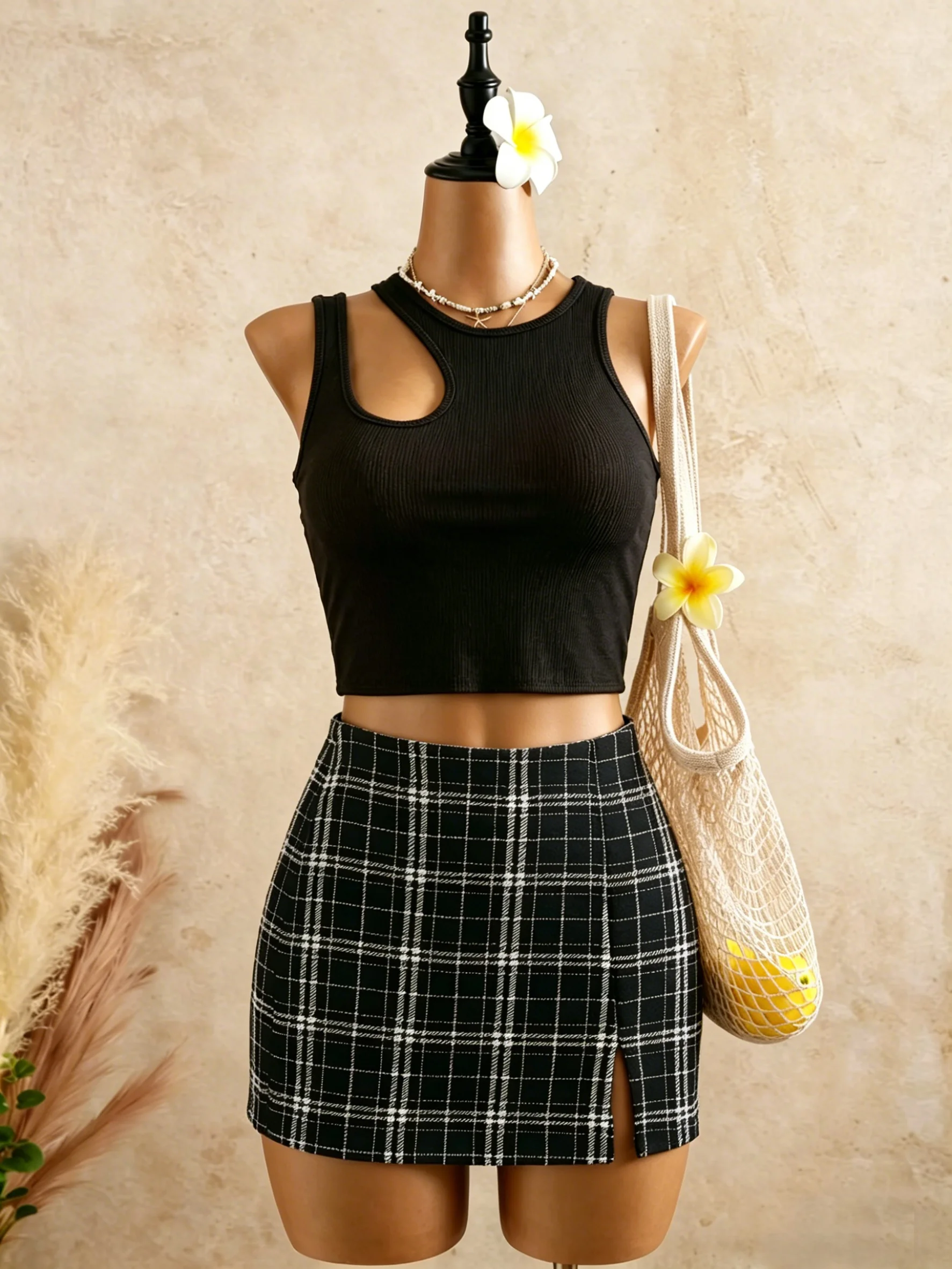 Crop Top Crochet - 2 Piece Outfits Women Cutout Ribbed